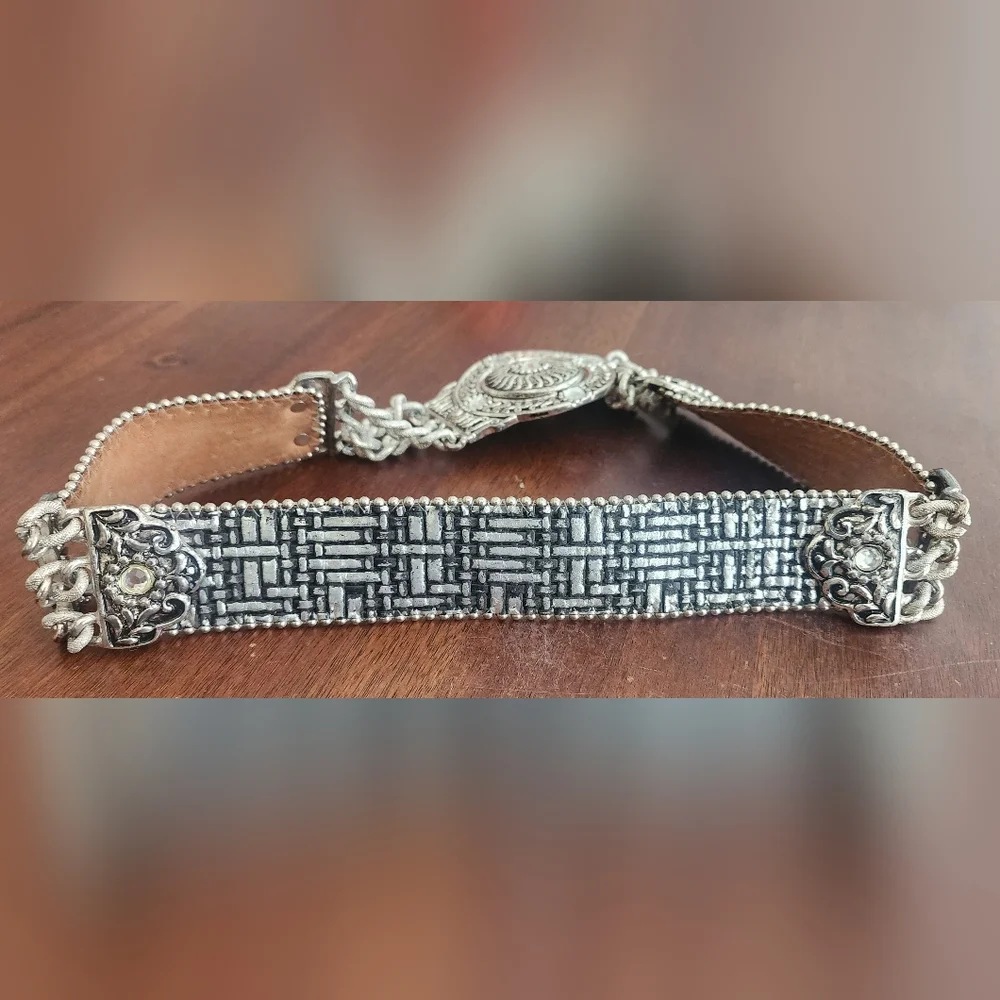 Vintage BB Simon Silver Metal And Leather‎ Belt Crystals And Chains